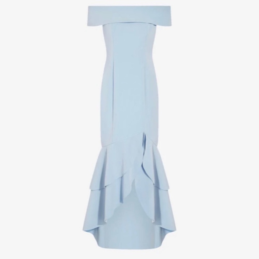 Adrianna Papell OFF-THE-SHOULDER CREPE HIGH-LOW GOWN WITH RUFFLE IN ELEGANT BLUE - Picture 5 of 7